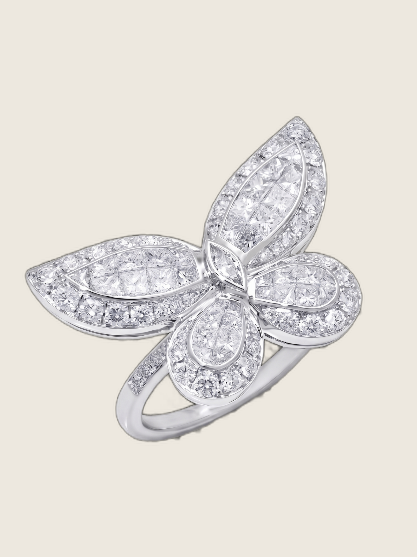 White gold butterfly ring with invisible-set princess-cut diamonds and pavé round brilliants, Amanda Jewellery