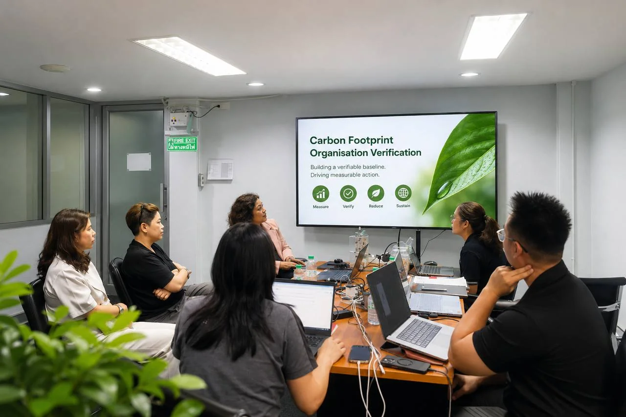 Amanda Jewellery team reviewing the Carbon Footprint Organisation Verification presentation in the Bangkok atelier