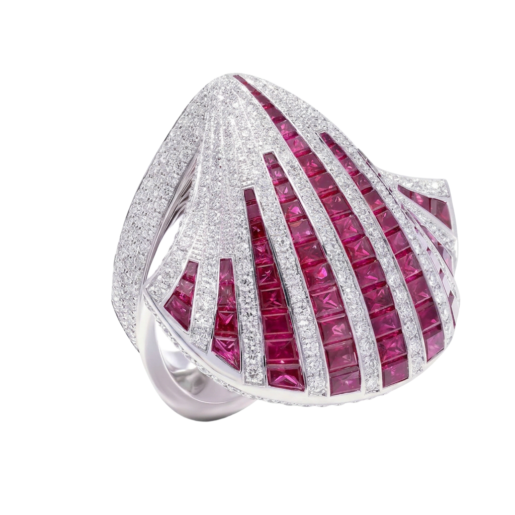 Pavé diamond and invisible-set ruby fan ring, Amanda Jewellery