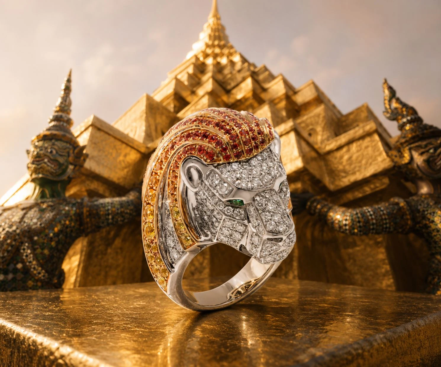 White gold lion-head ring set with diamonds and orange-to-yellow sapphires, photographed before a gilded Bangkok temple spire