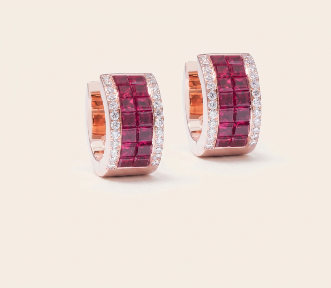 Rose gold hoop earrings with invisible-set rubies and pavé diamond borders, Amanda Jewellery