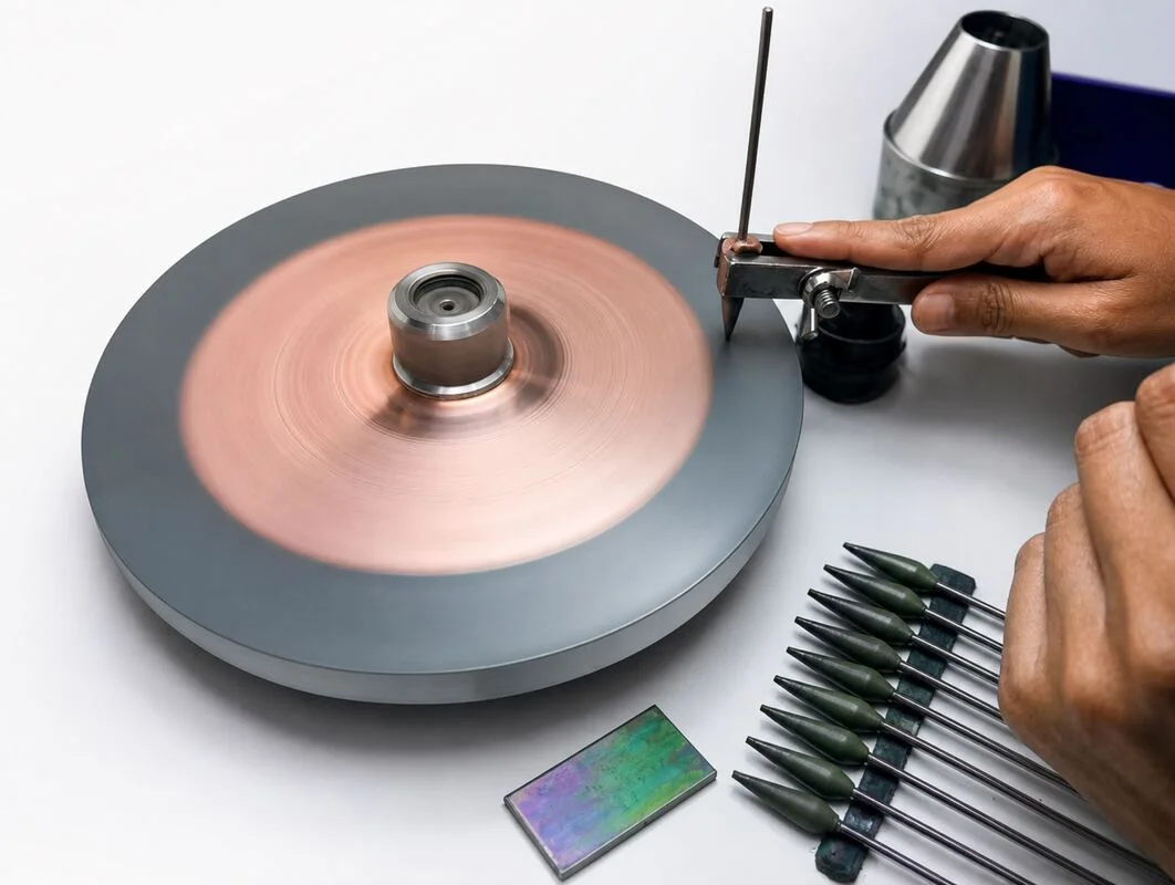 A lapidarist polishing a coloured gemstone on a copper scaif