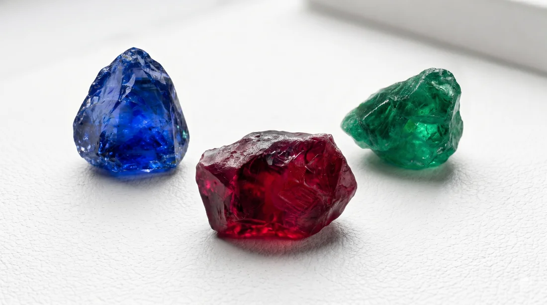 A ruby, sapphire and emerald arranged on dark polished stone