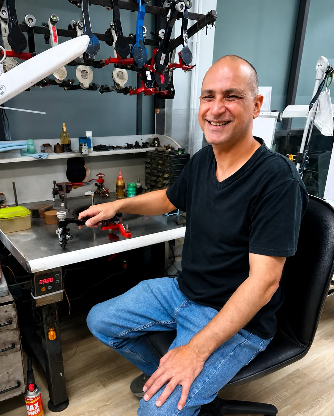 Guy Metzger smiling at his diamond-cutting bench