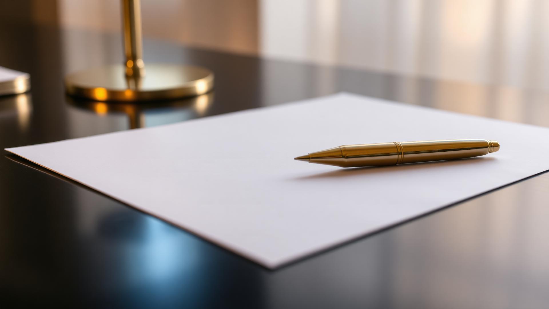 Document and gold pen on a polished dark desk