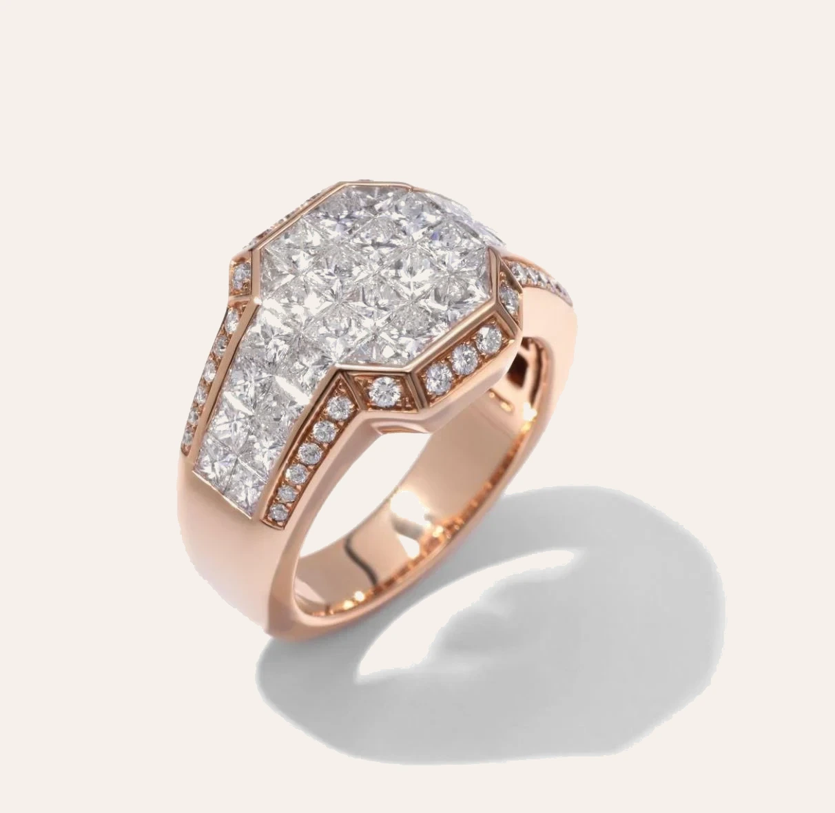 Rose gold octagonal signet ring with invisible-set princess-cut diamonds and pavé borders, Amanda Jewellery